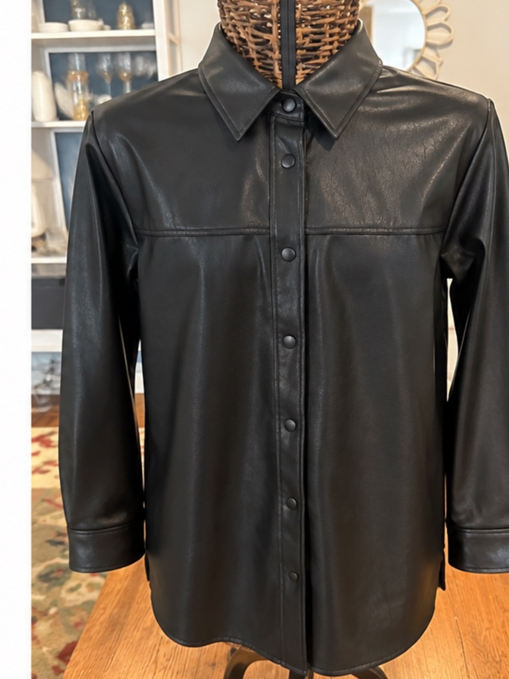 SPANX Faux Leather Shirt Jacket Women M Black Snap Front Shacket NWOT